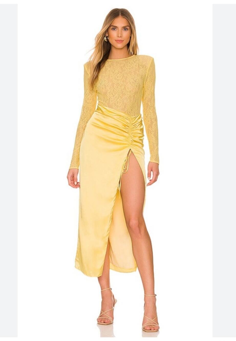 Revolve NBD Farah Cocktail Dress Medium Yellow Lace Bodysuit Satin Skirt Prom